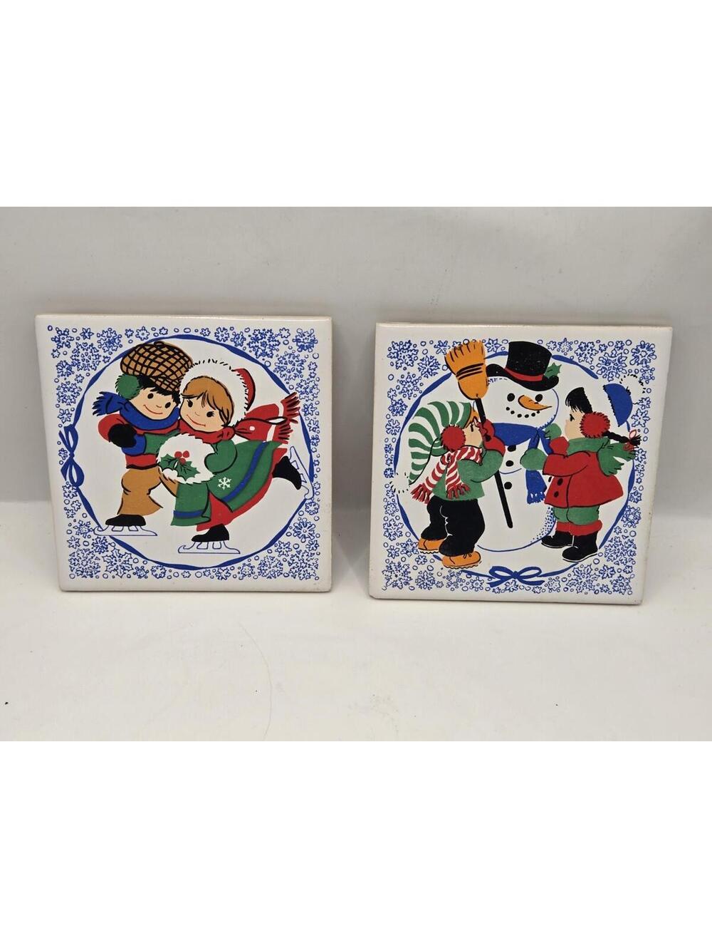 Pair Vintage JASCO Taiwan Christmas XMAS Snowman Holiday Ceramic Trivet Coaster